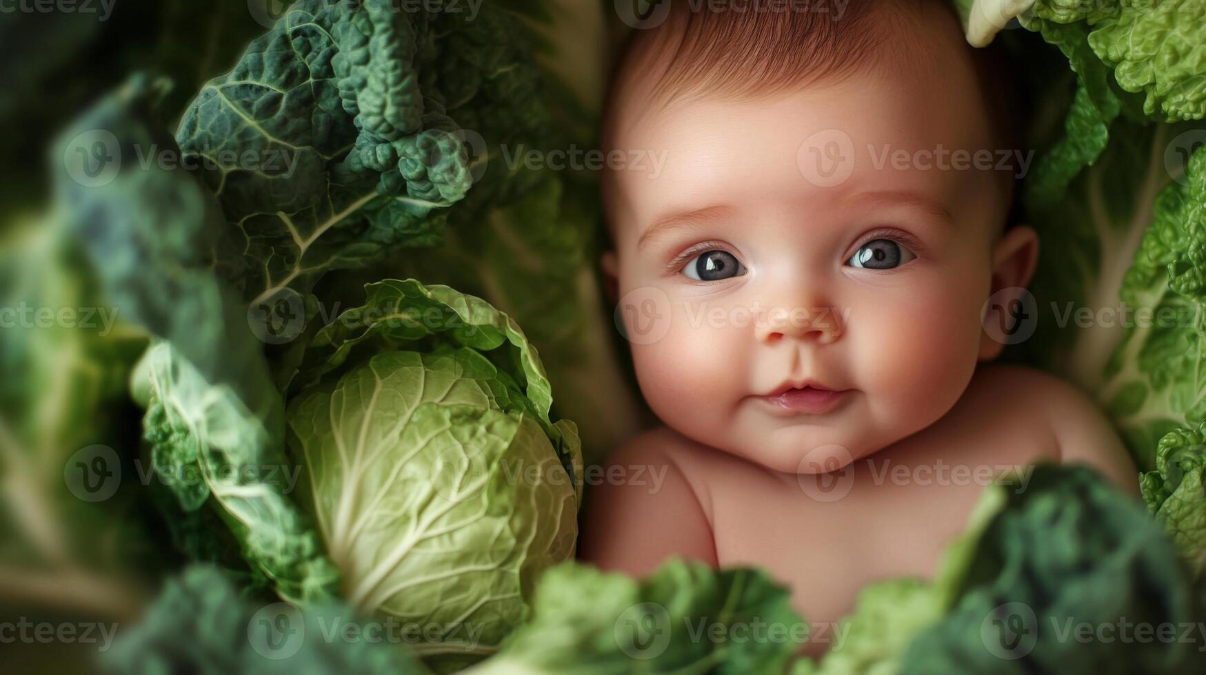 Newborn baby lying in fresh green cabbage. Cute funny child. Top view Happy childhood photo