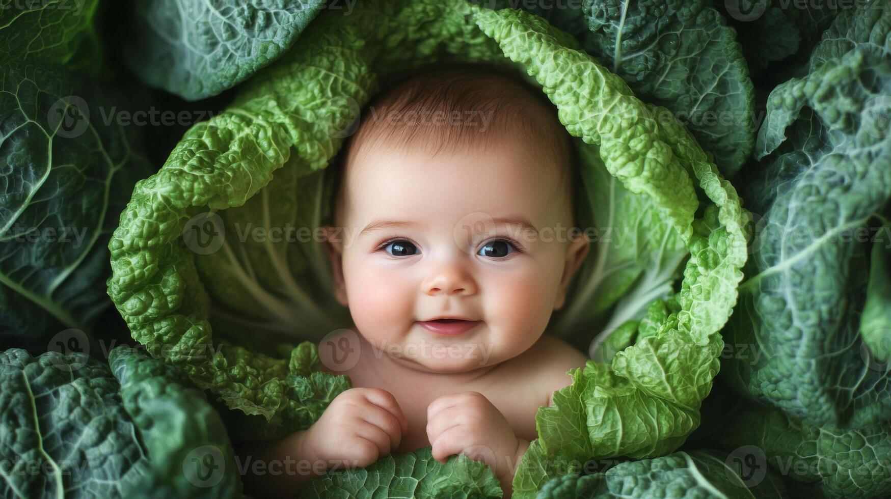 Newborn baby lying in fresh green cabbage. Cute funny child. Top view Happy childhood photo