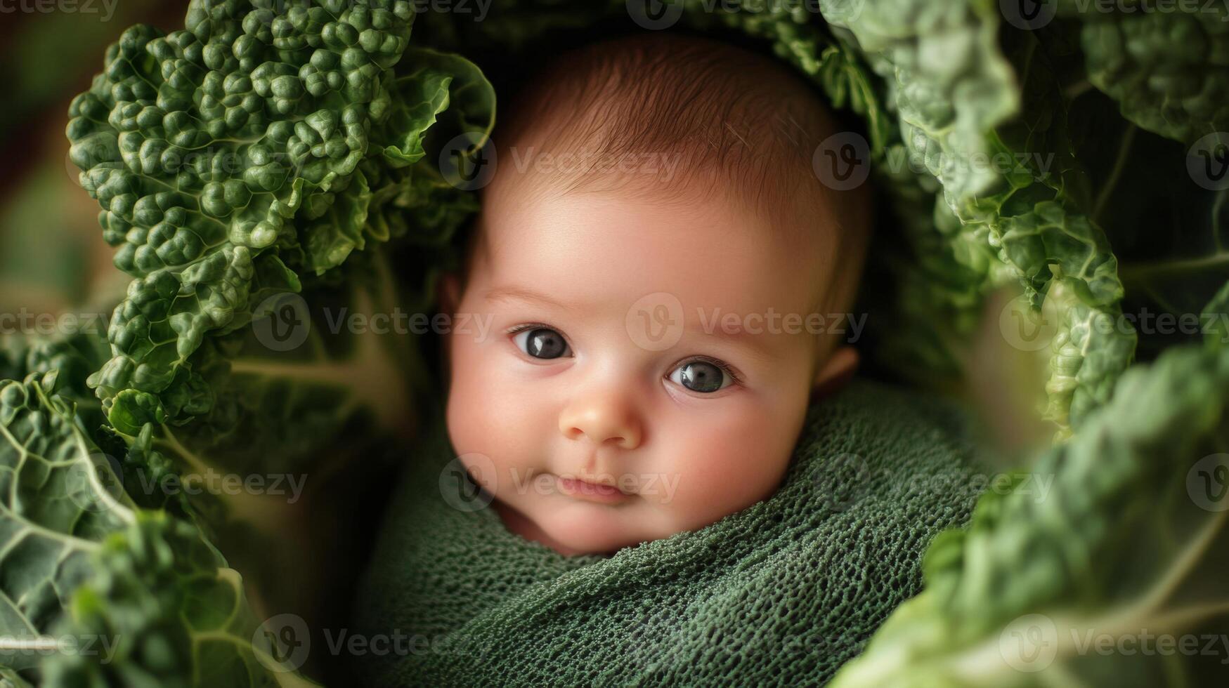 Newborn baby lying in fresh green cabbage. Cute funny child. Top view Happy childhood photo
