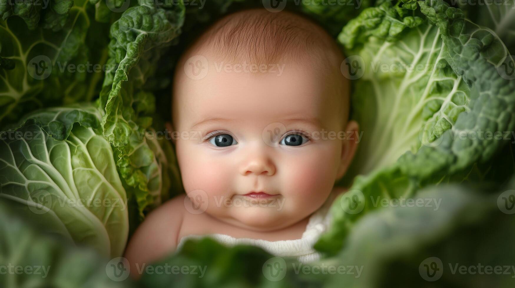 Newborn baby lying in fresh green cabbage. Cute funny child. Top view Happy childhood photo