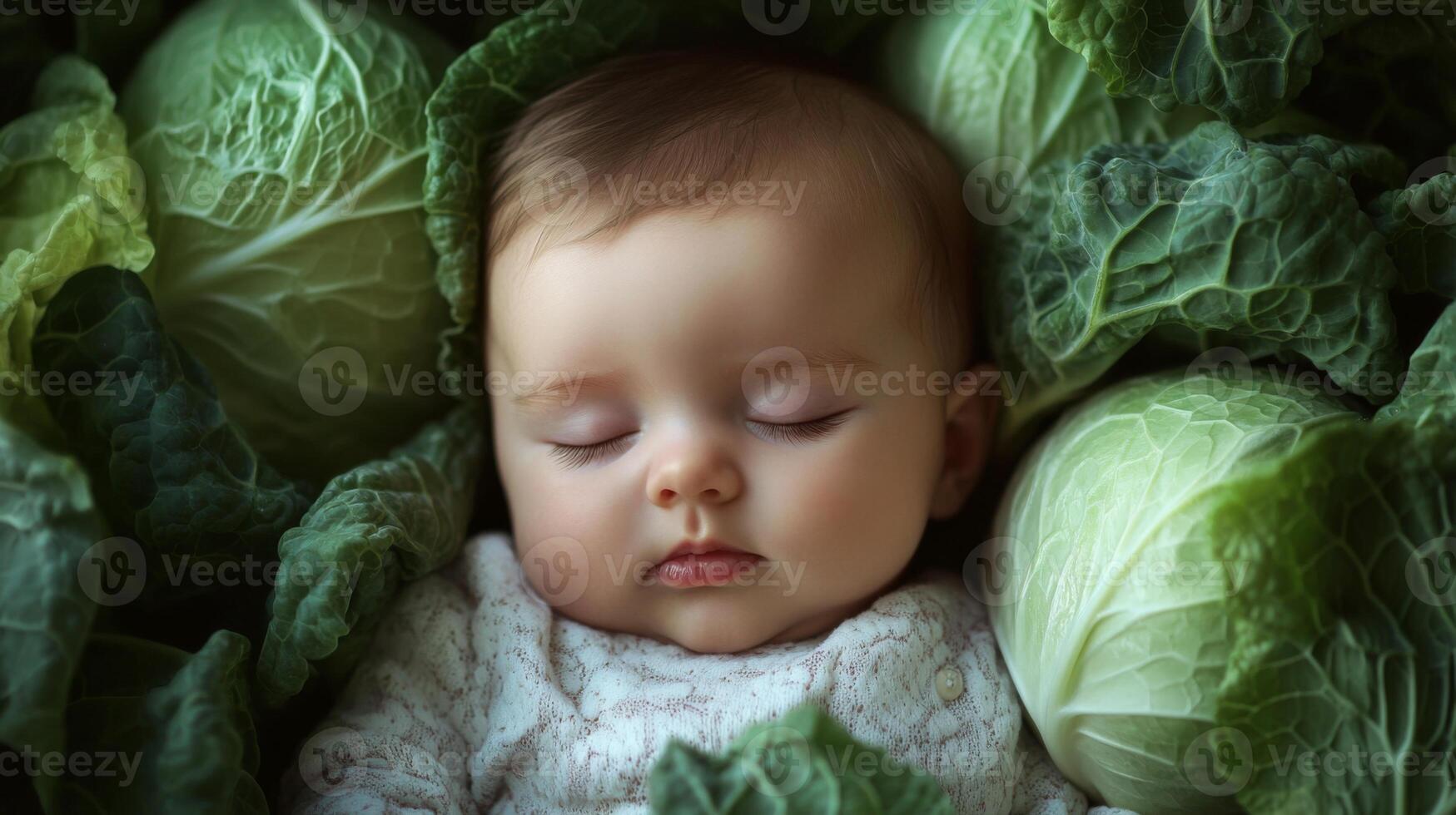 Newborn baby lying in fresh green cabbage. Cute funny child. Top view Happy childhood photo