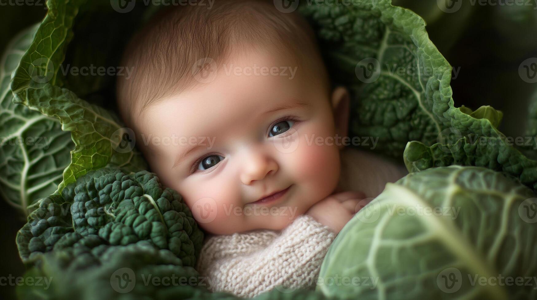 Newborn baby lying in fresh green cabbage. Cute funny child. Top view Happy childhood photo