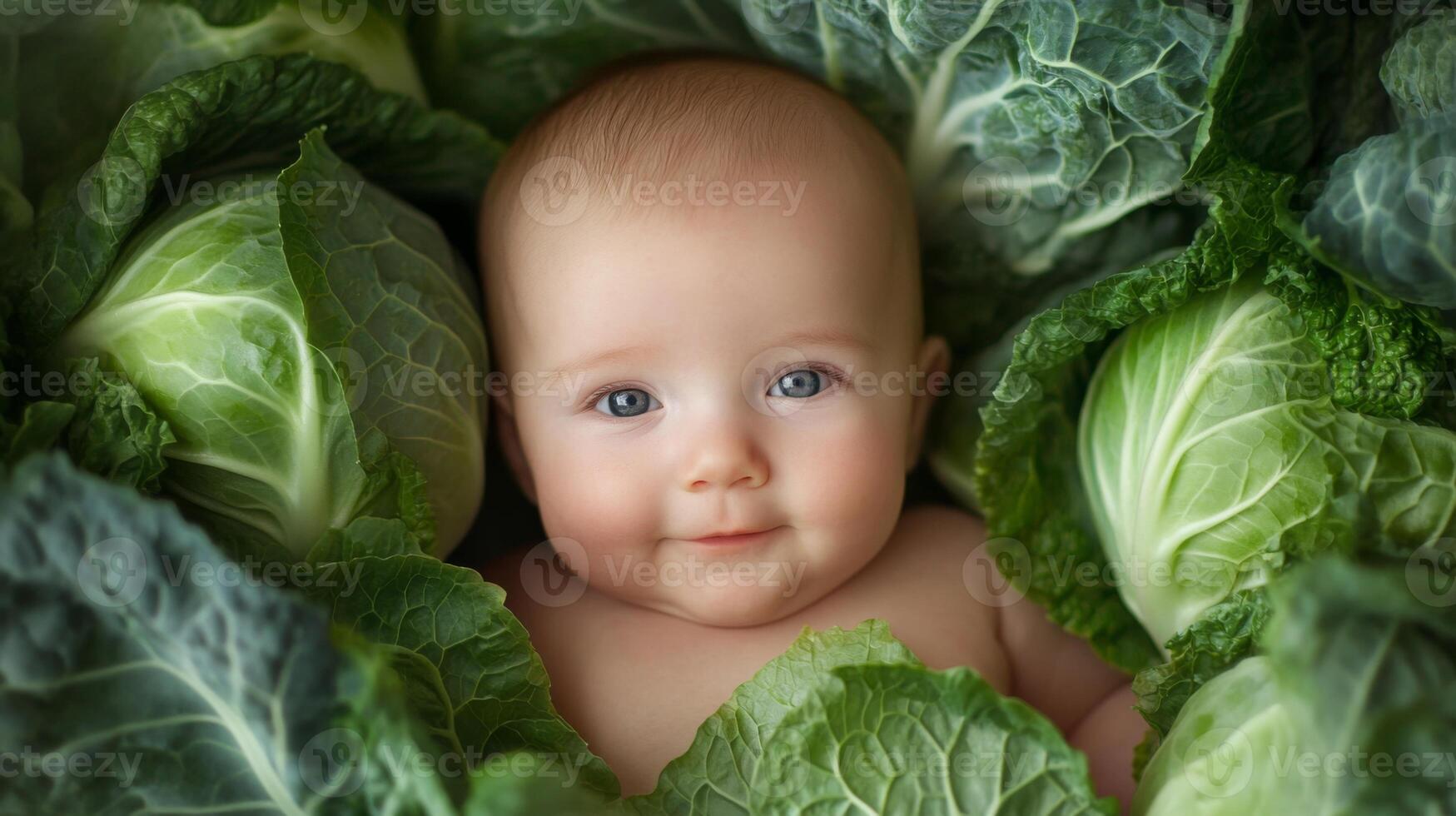 Newborn baby lying in fresh green cabbage. Cute funny child. Top view Happy childhood photo