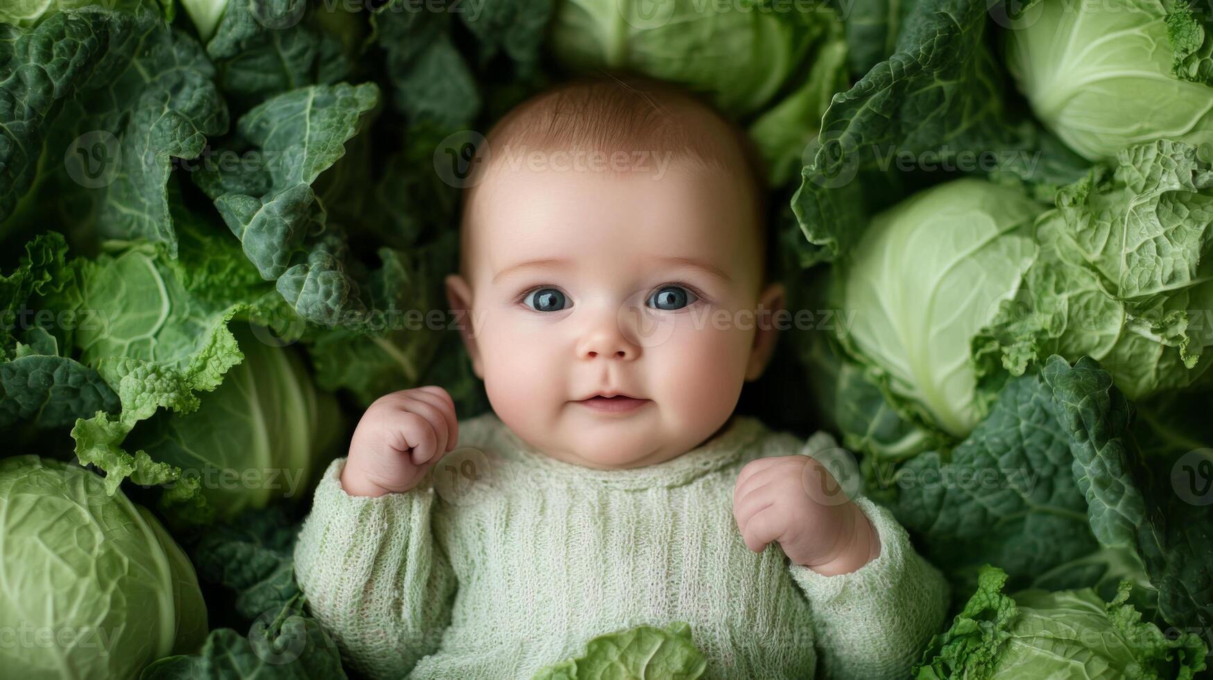 Newborn baby lying in fresh green cabbage. Cute funny child. Top view Happy childhood photo