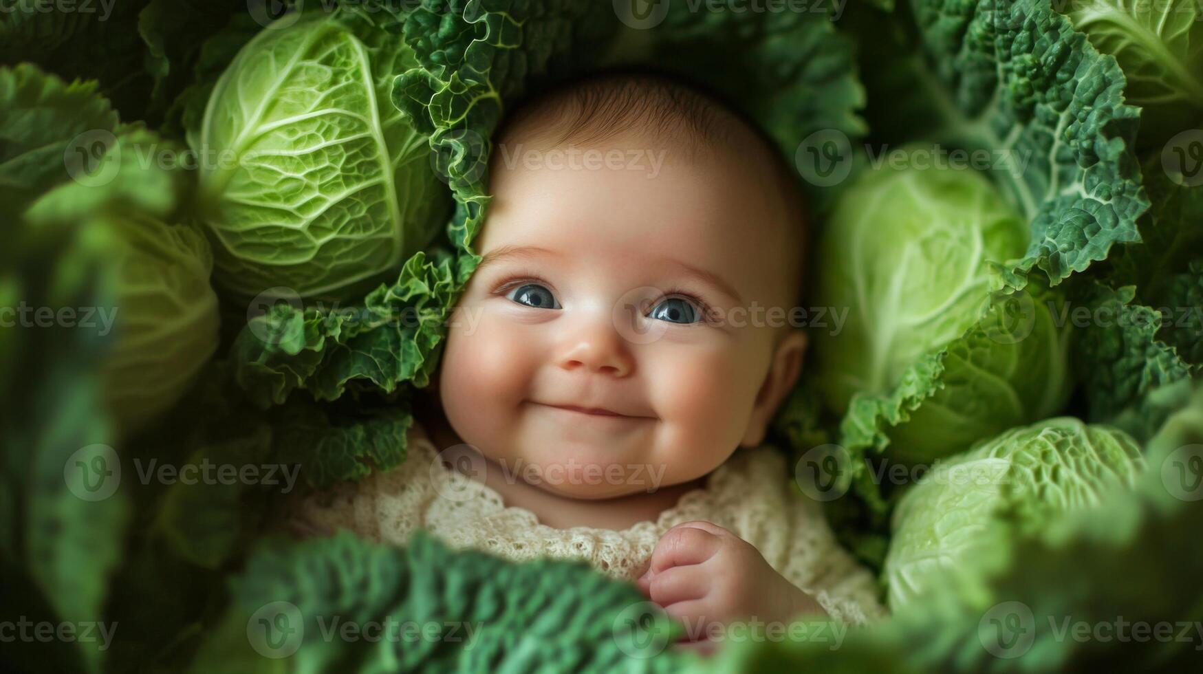 Newborn baby lying in fresh green cabbage. Cute funny child. Top view Happy childhood photo