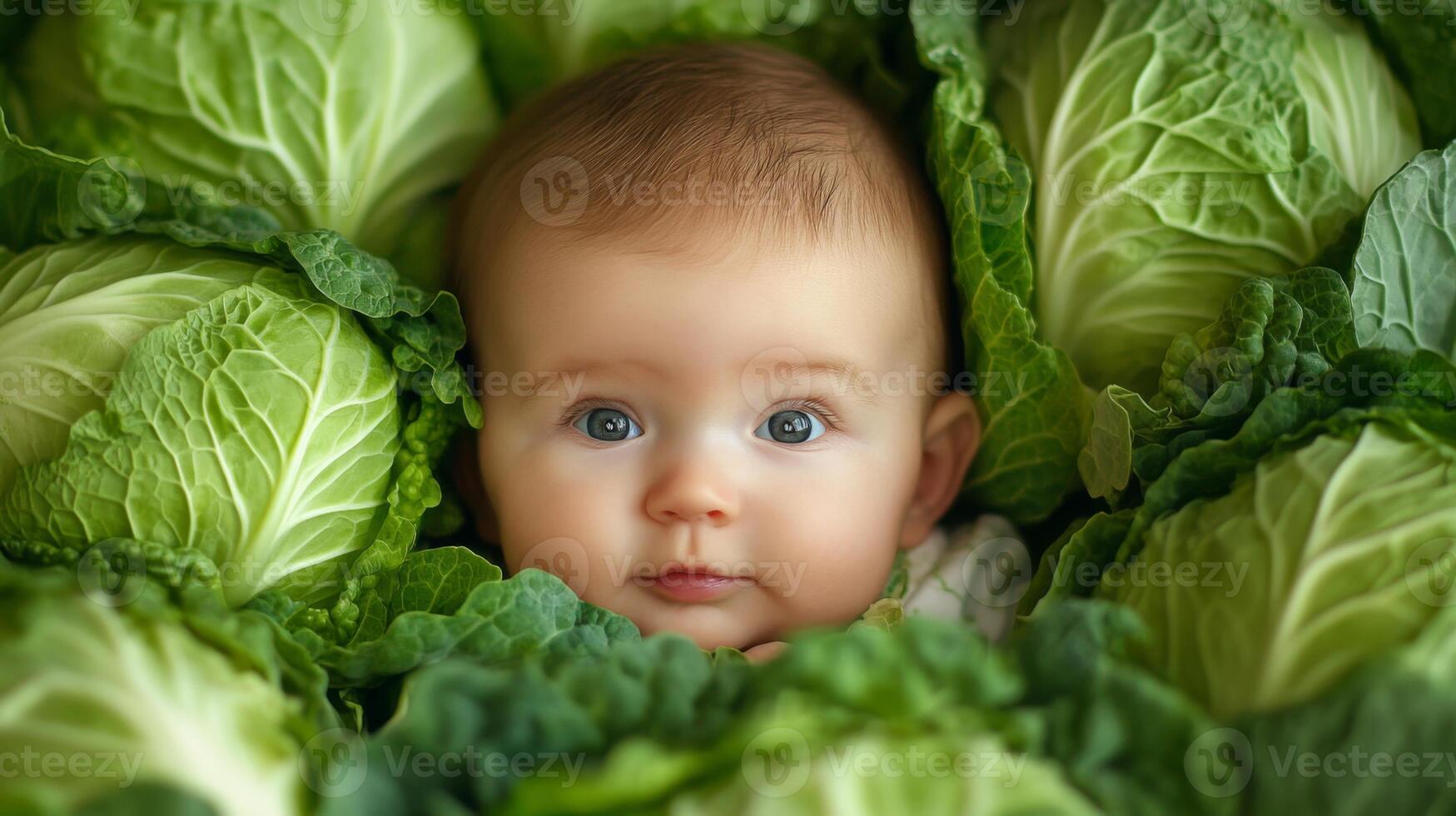 Newborn baby lying in fresh green cabbage. Cute funny child. Top view Happy childhood photo