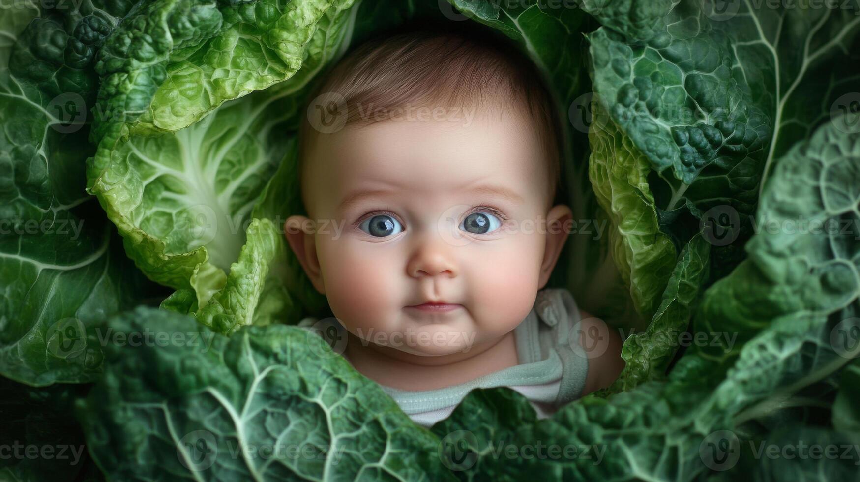 Newborn baby lying in fresh green cabbage. Cute funny child. Top view Happy childhood photo
