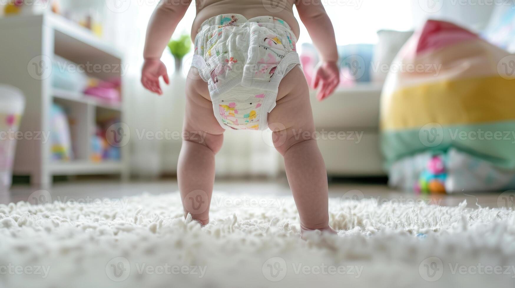 Small little baby wearing a diaper. Newborn standing in diaper pants close-up photo