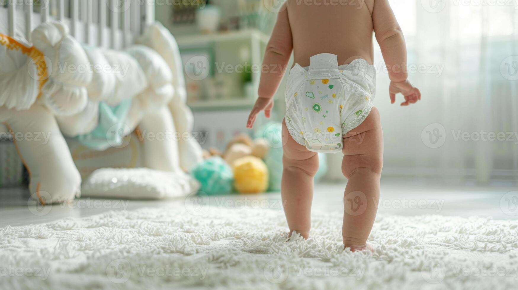 Small little baby wearing a diaper. Newborn standing in diaper pants close-up photo