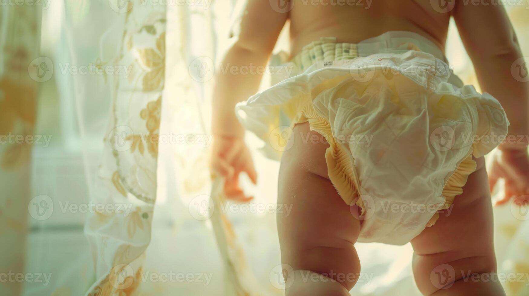 Small little baby wearing a diaper. Newborn standing in diaper pants close-up photo