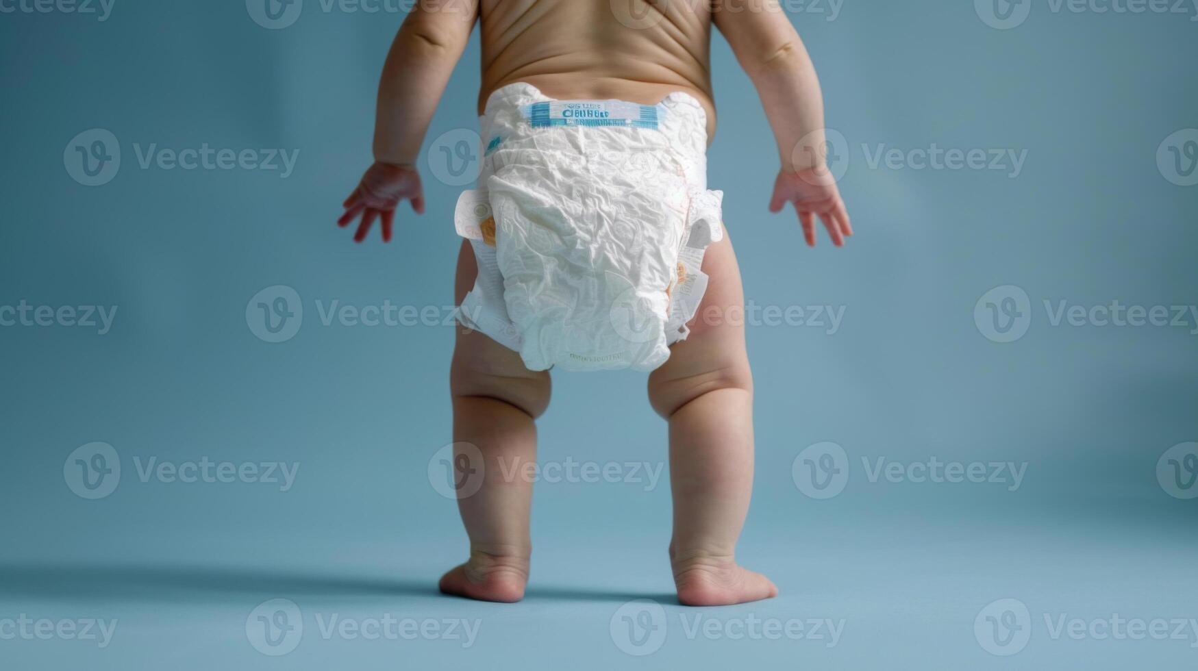 Small little baby wearing a diaper. Newborn standing in diaper pants close-up photo