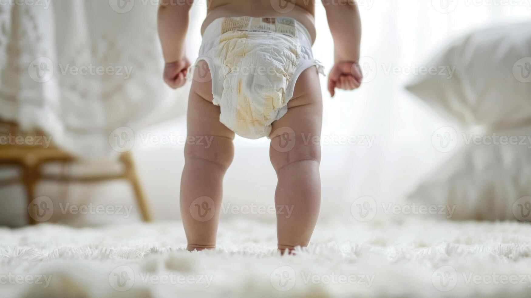 Small little baby wearing a diaper. Newborn standing in diaper pants close-up photo