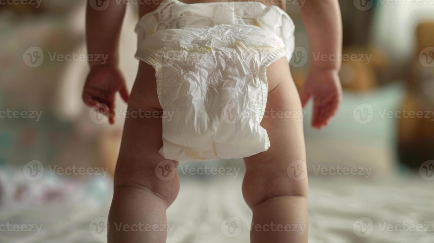 Small little baby wearing a diaper. Newborn standing in diaper pants close-up photo