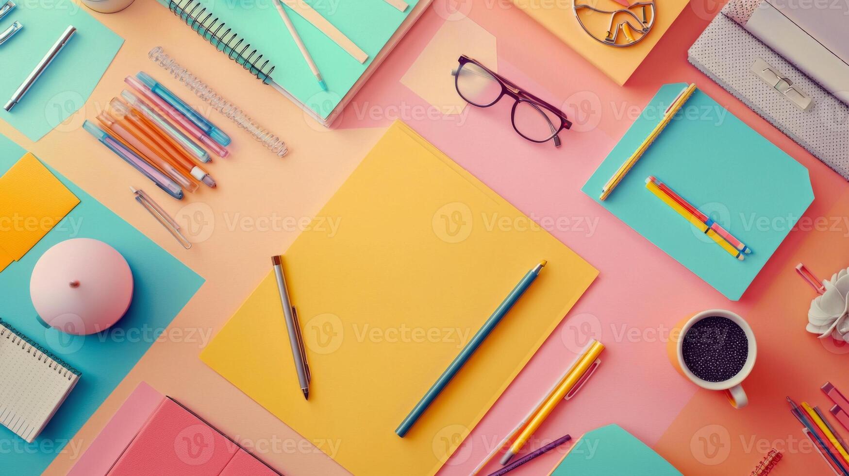 A trendy flat lay of stylish stationery on a vibrant backdrop, perfect for workspace inspiration photo