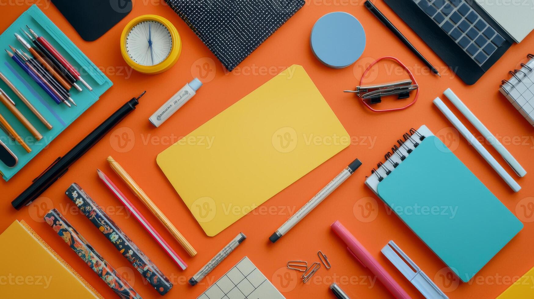 A trendy flat lay of stylish stationery on a vibrant backdrop, perfect for workspace inspiration photo