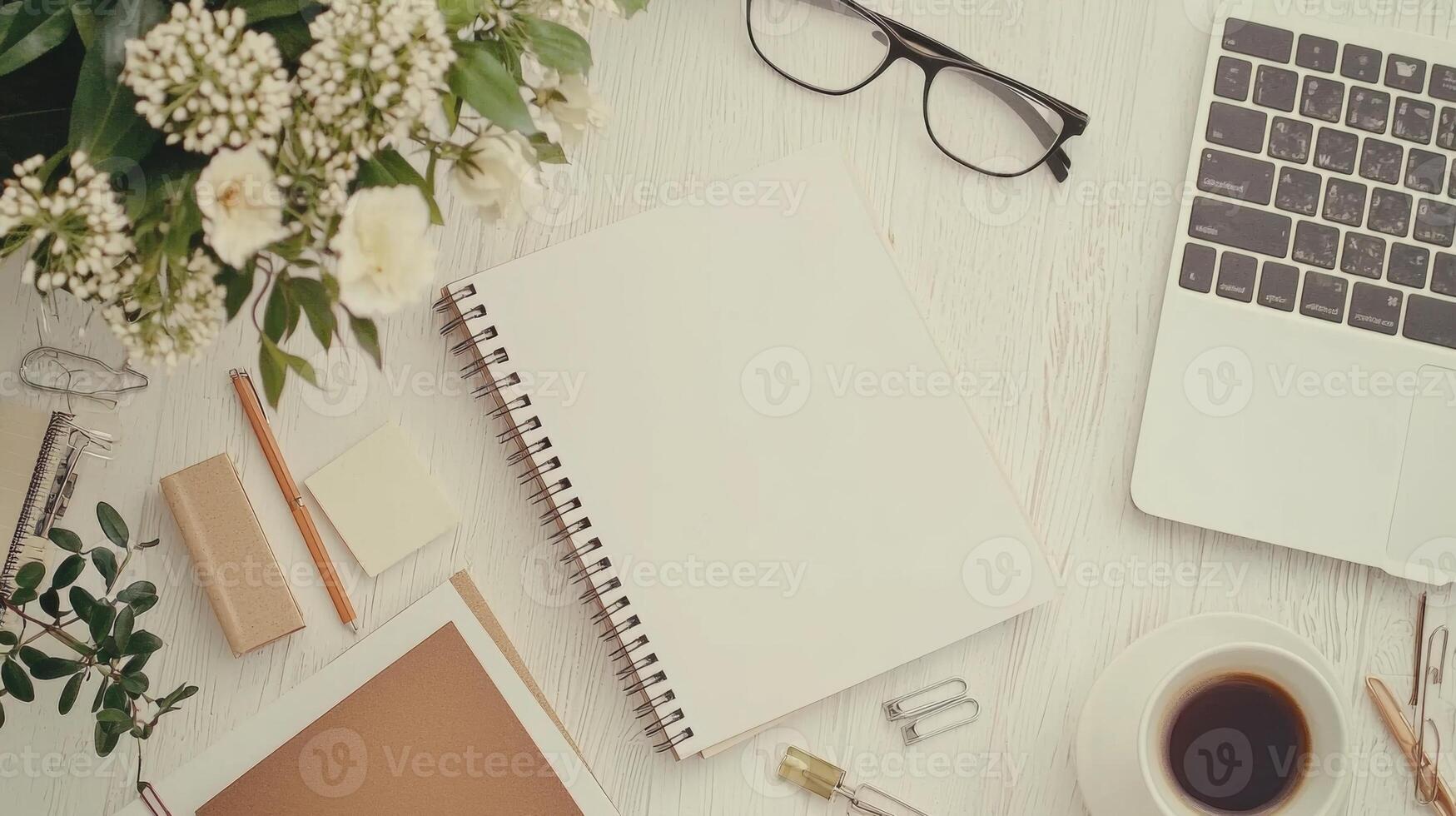 A trendy flat lay of stylish stationery on a vibrant backdrop, perfect for workspace inspiration photo