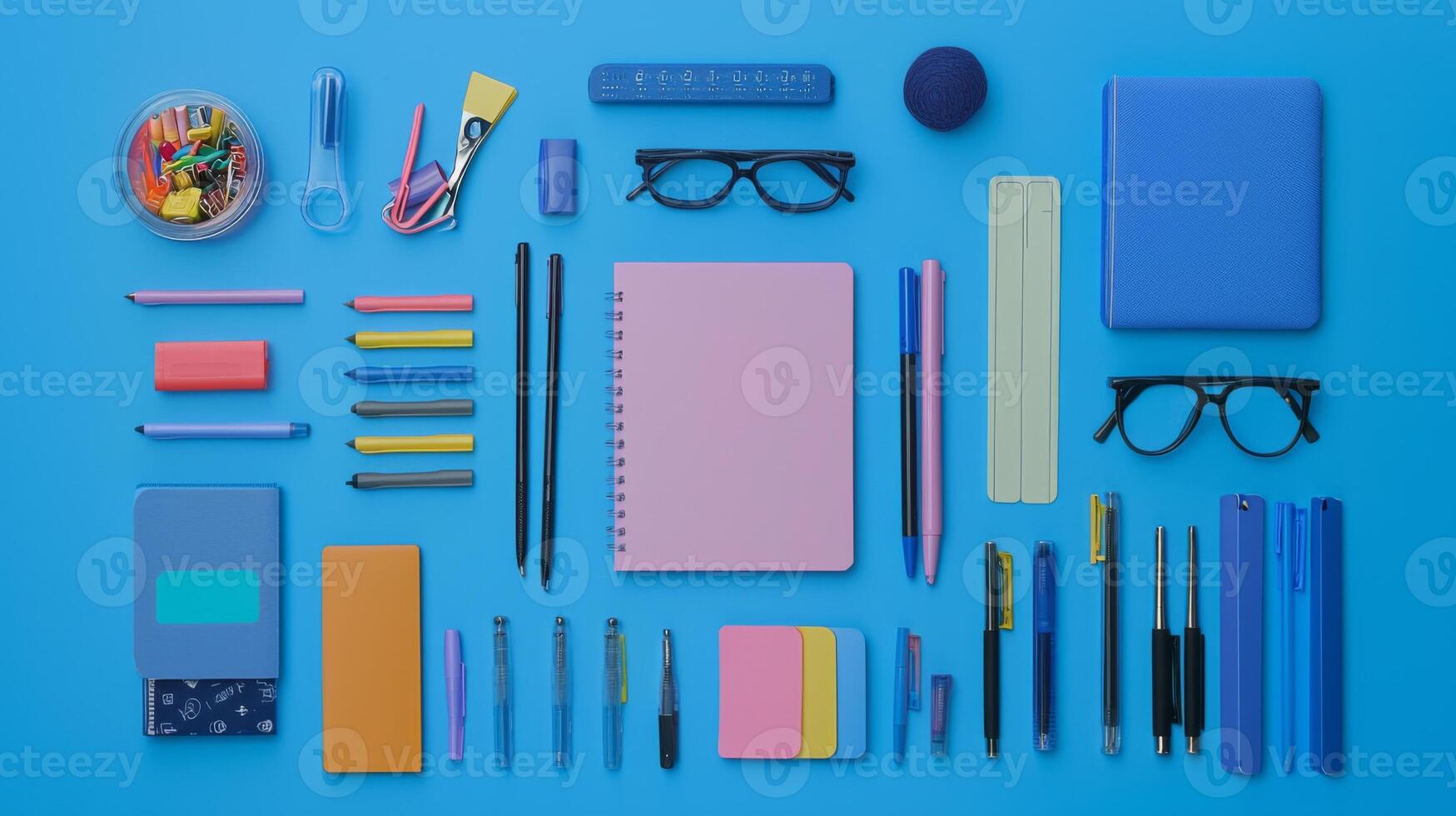 A trendy flat lay of stylish stationery on a vibrant backdrop, perfect for workspace inspiration photo