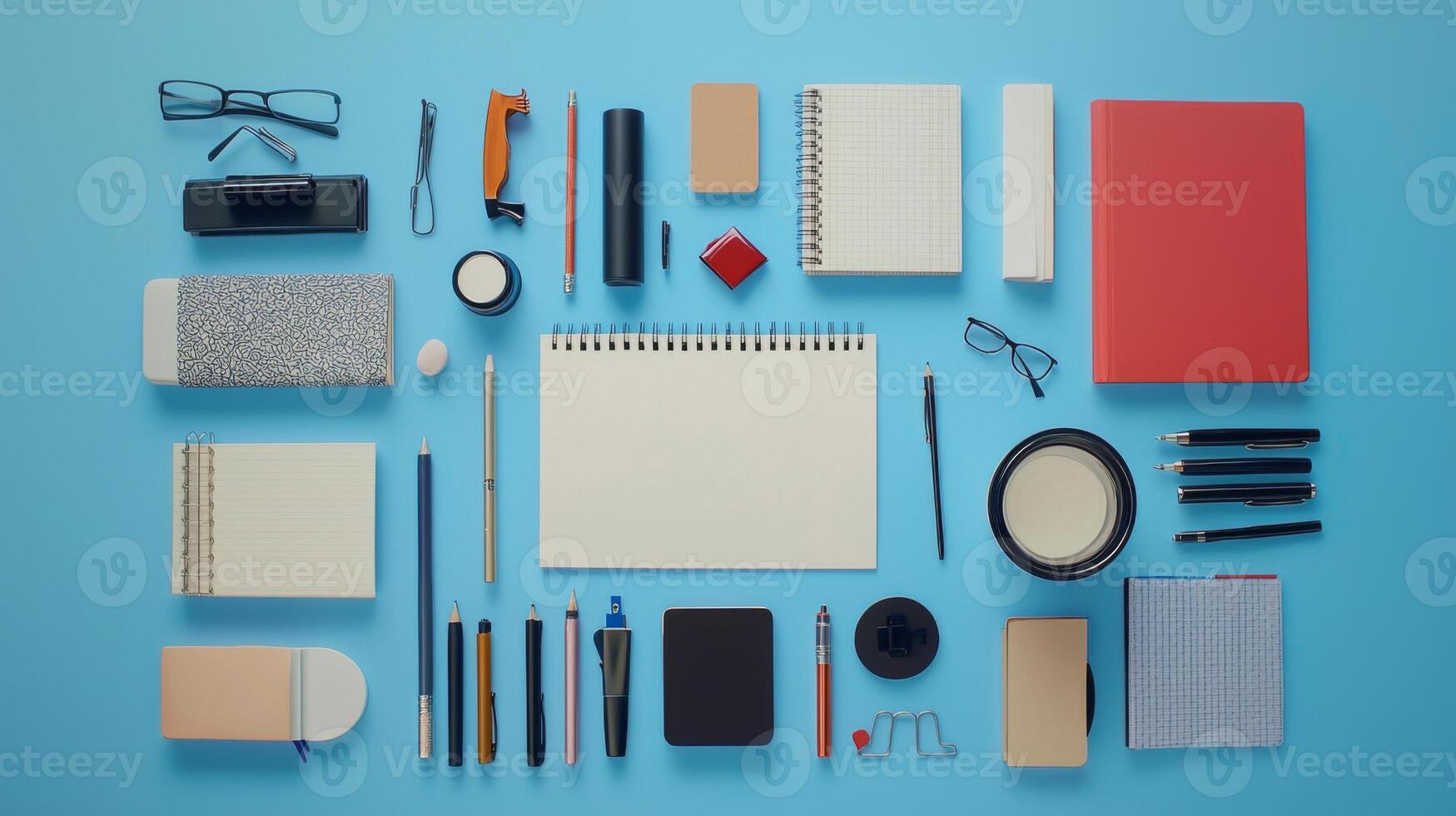 A trendy flat lay of stylish stationery on a vibrant backdrop, perfect for workspace inspiration photo