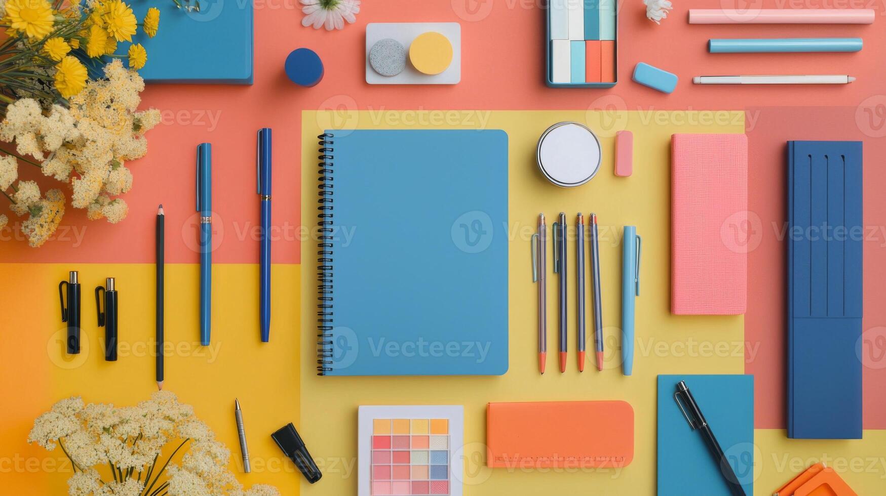 A trendy flat lay of stylish stationery on a vibrant backdrop, perfect for workspace inspiration photo
