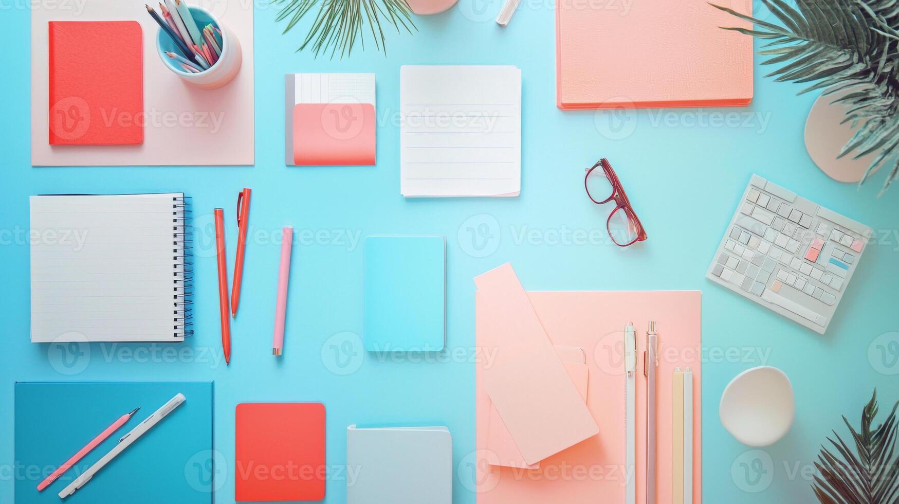 A trendy flat lay of stylish stationery on a vibrant backdrop, perfect for workspace inspiration photo