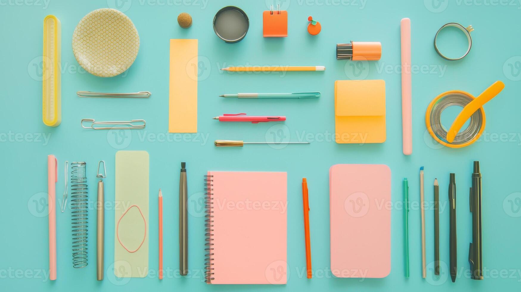 A trendy flat lay of stylish stationery on a vibrant backdrop, perfect for workspace inspiration photo