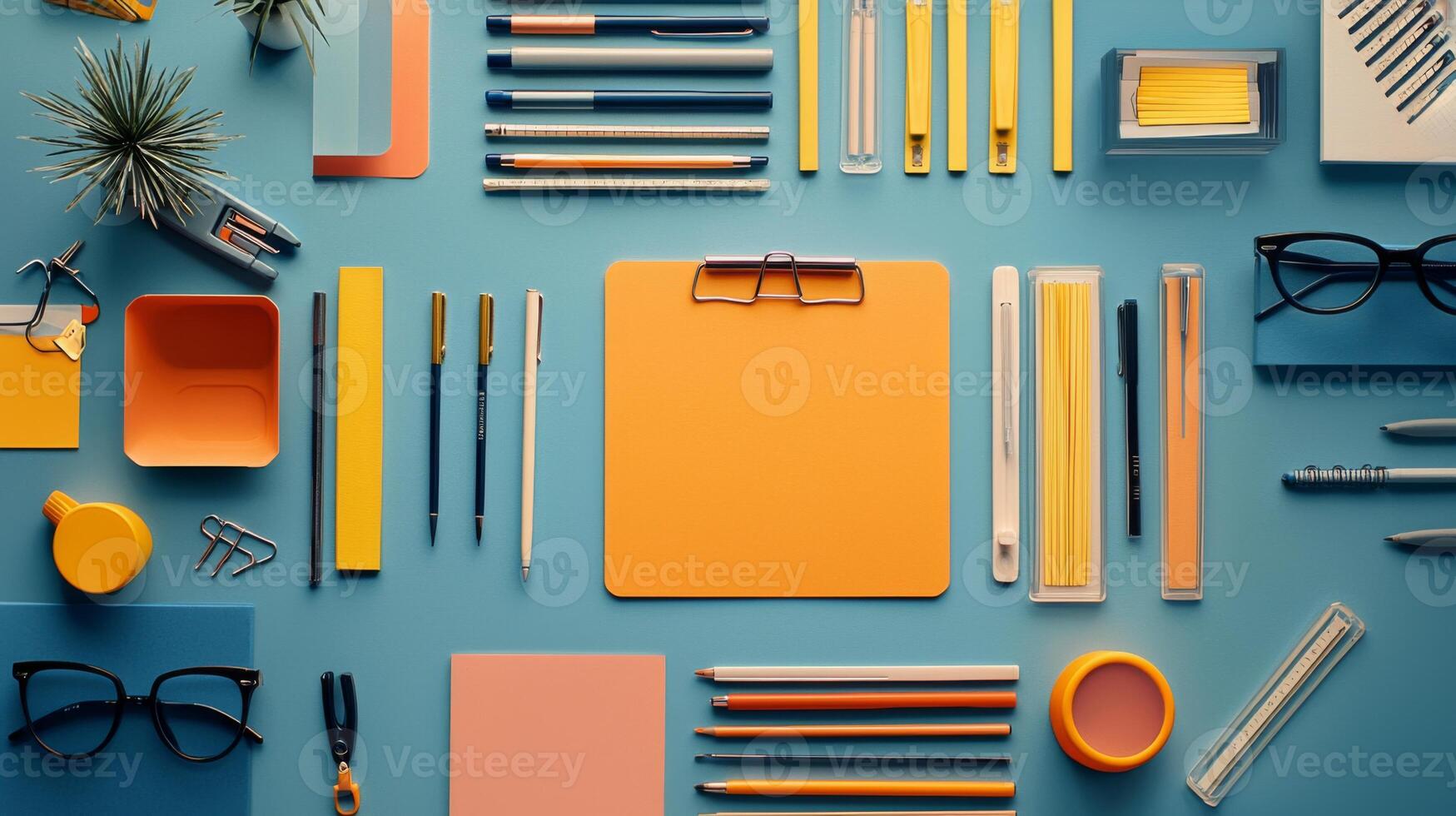 A trendy flat lay of stylish stationery on a vibrant backdrop, perfect for workspace inspiration photo