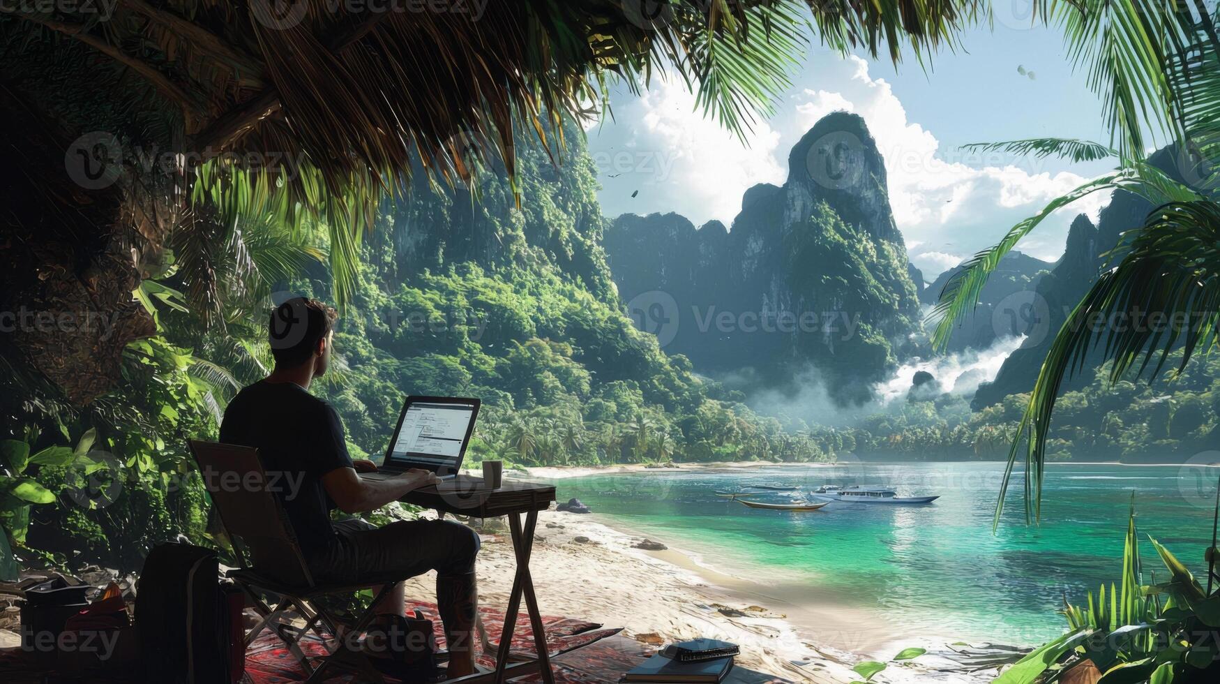 Digital nomad working remotely in exotic location. Remote work concept. Freelancer working online photo