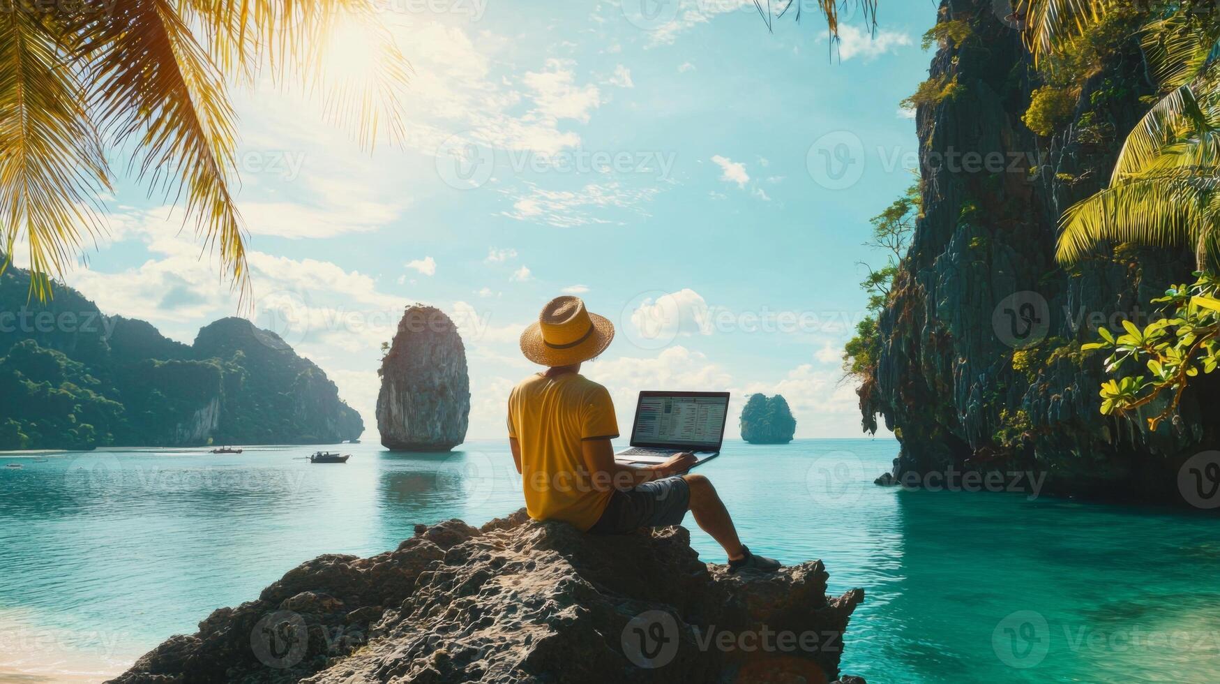 Digital nomad working remotely in exotic location. Remote work concept. Freelancer working online photo