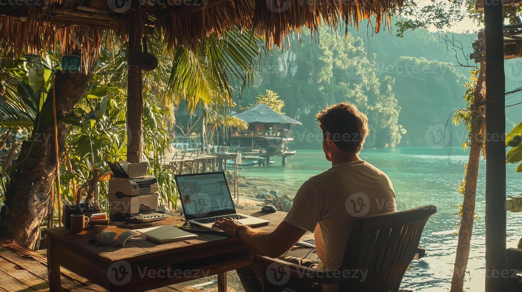 Digital nomad working remotely in exotic location. Remote work concept. Freelancer working online photo