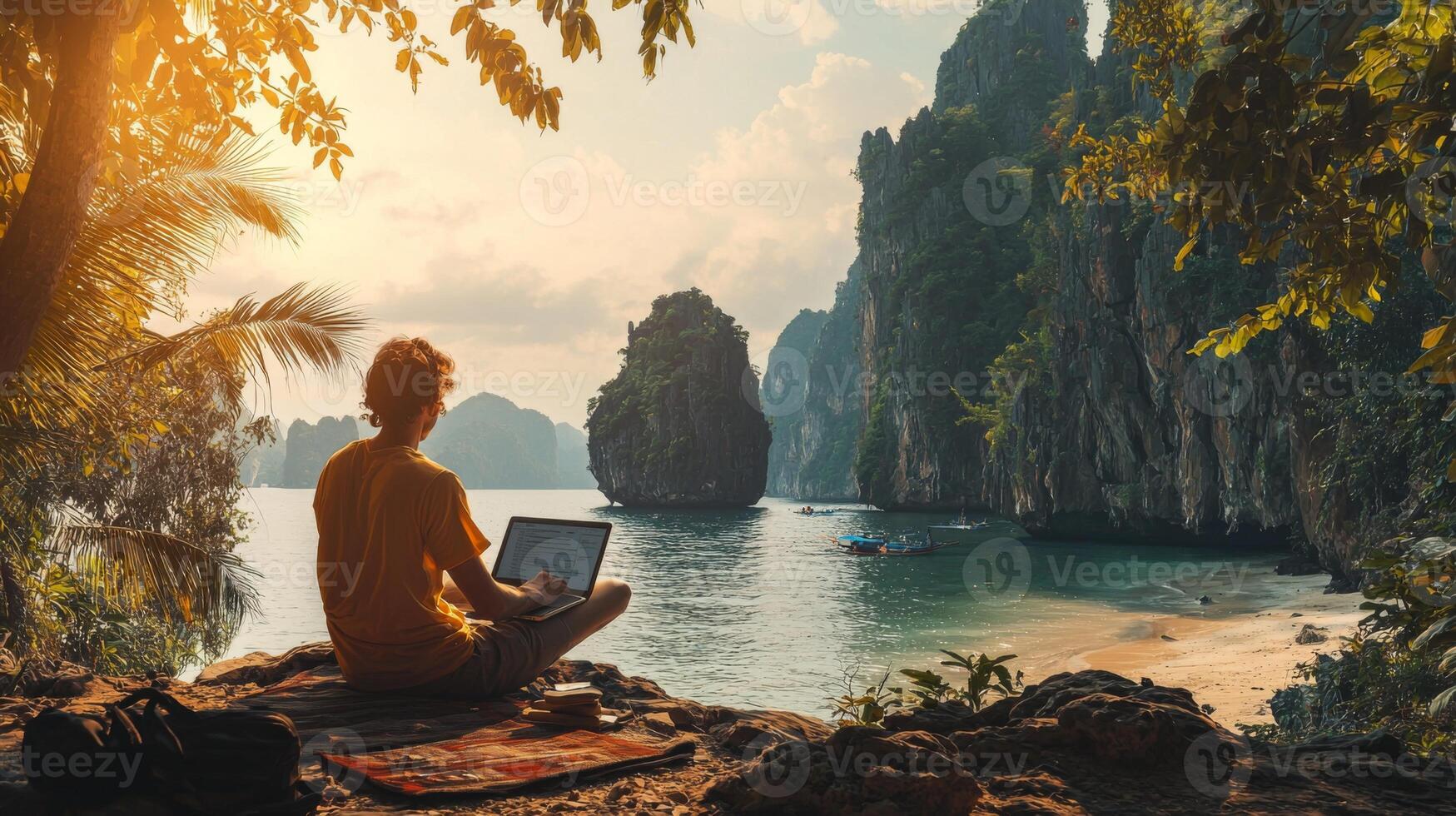 Digital nomad working remotely in exotic location. Remote work concept. Freelancer working online photo