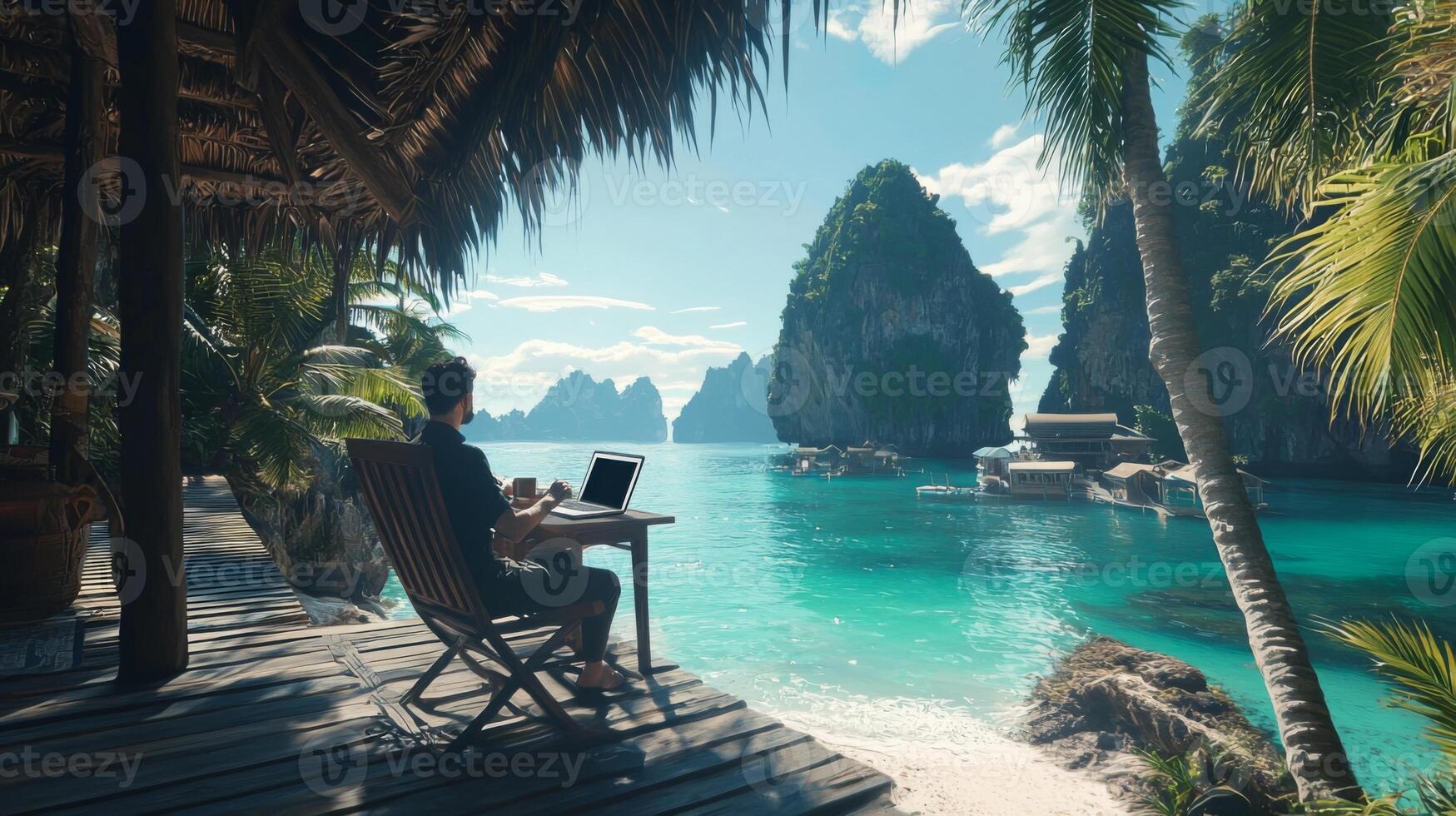Digital nomad working remotely in exotic location. Remote work concept. Freelancer working online photo