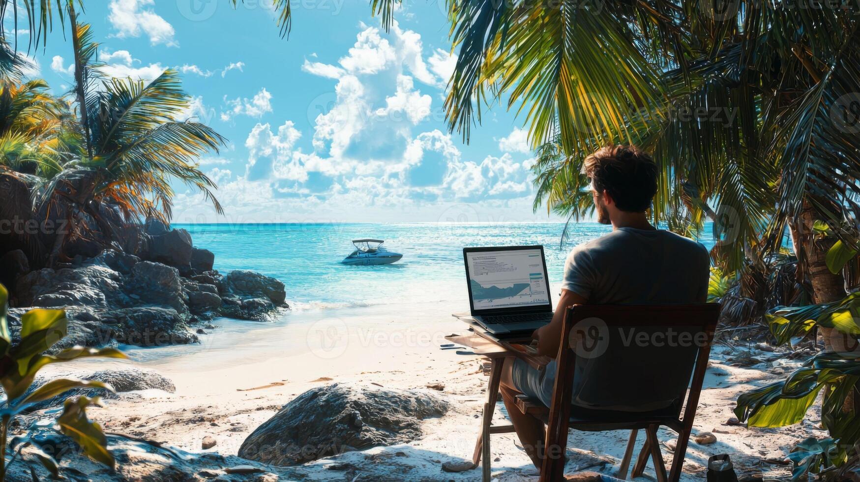 Digital nomad working remotely in exotic location. Remote work concept. Freelancer working online photo