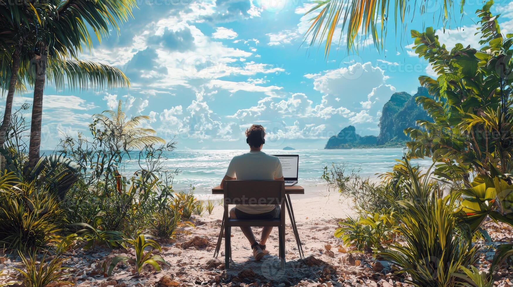 Digital nomad working remotely in exotic location. Remote work concept. Freelancer working online photo