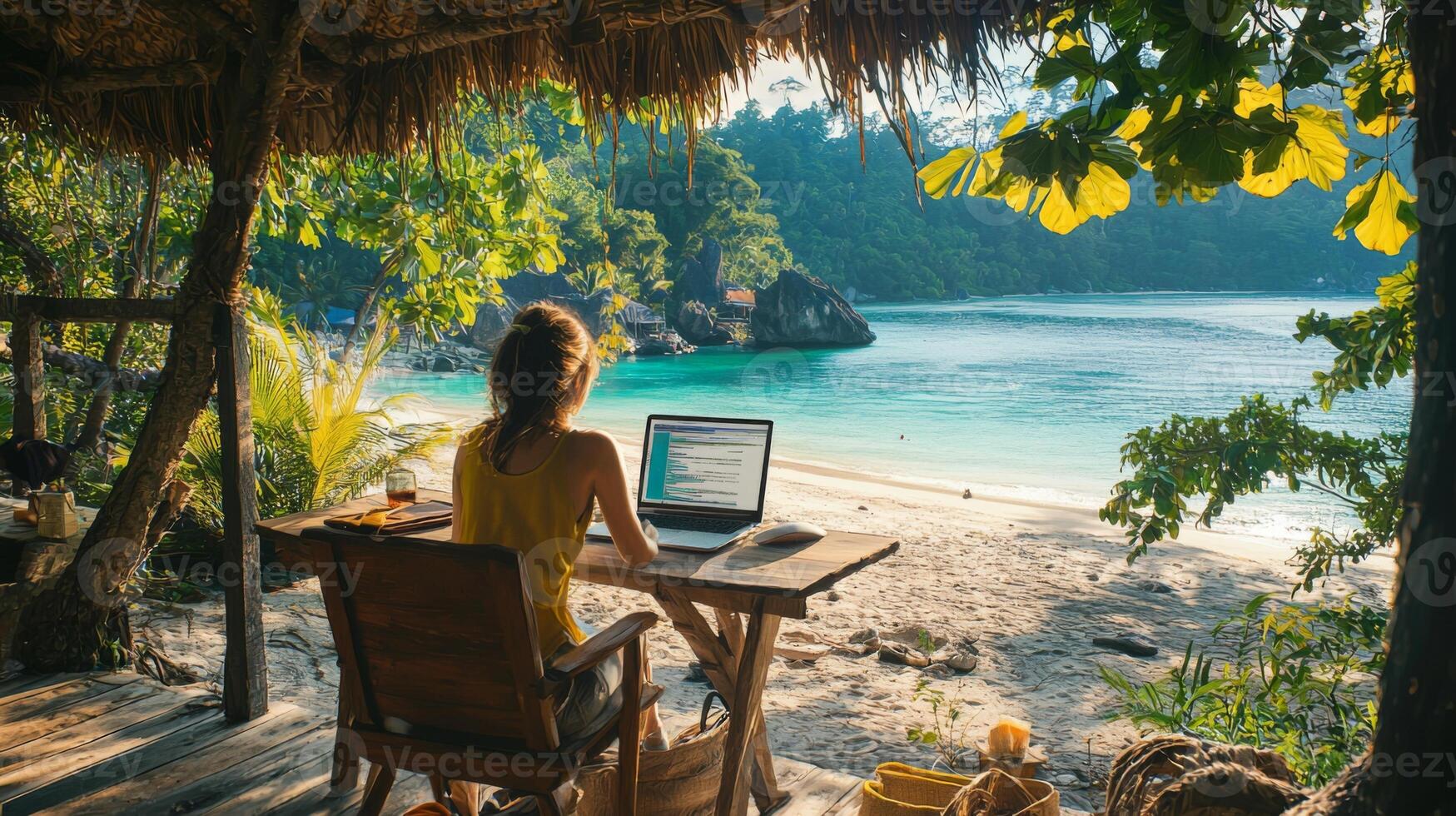 Digital nomad working remotely in exotic location. Remote work concept. Freelancer working online photo