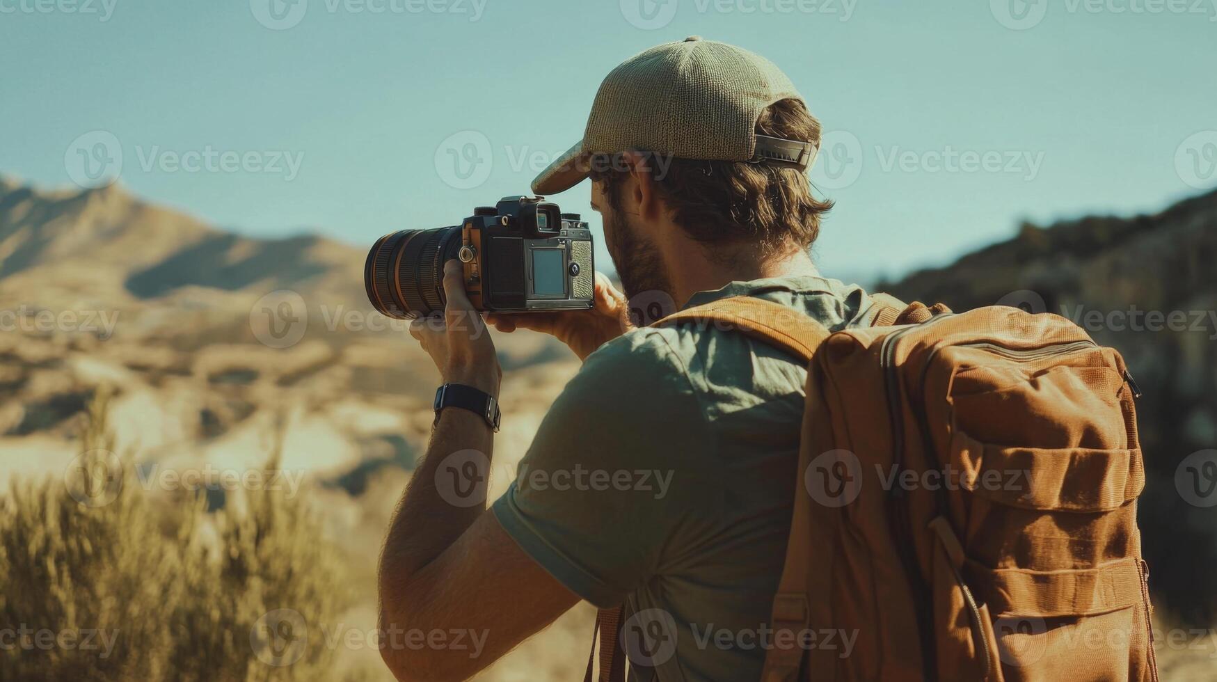 Traveler documenting their adventures with camera. Tourist exploring their travels in a picturesque photo