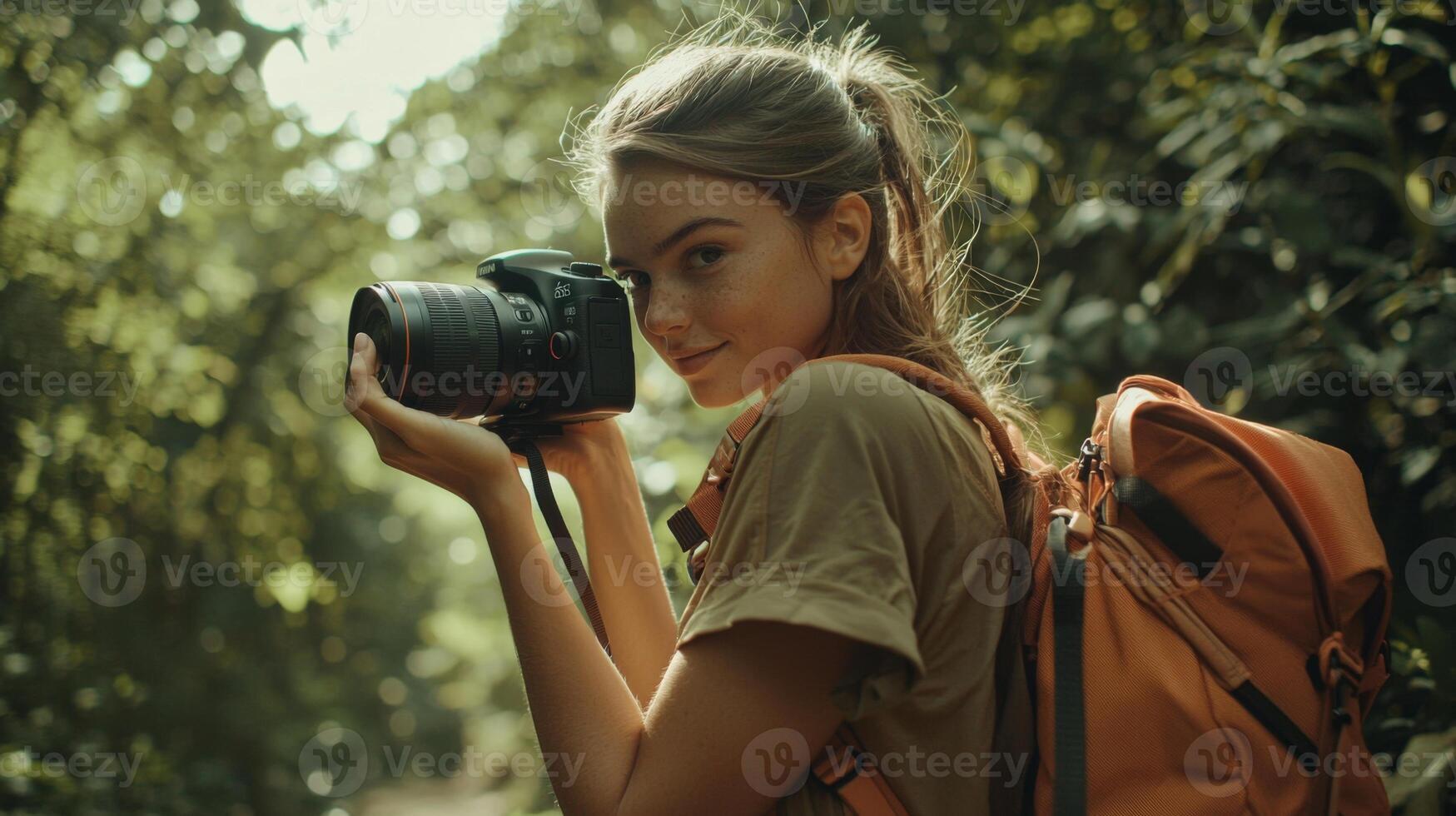 Traveler documenting their adventures with camera. Tourist exploring their travels in a picturesque photo