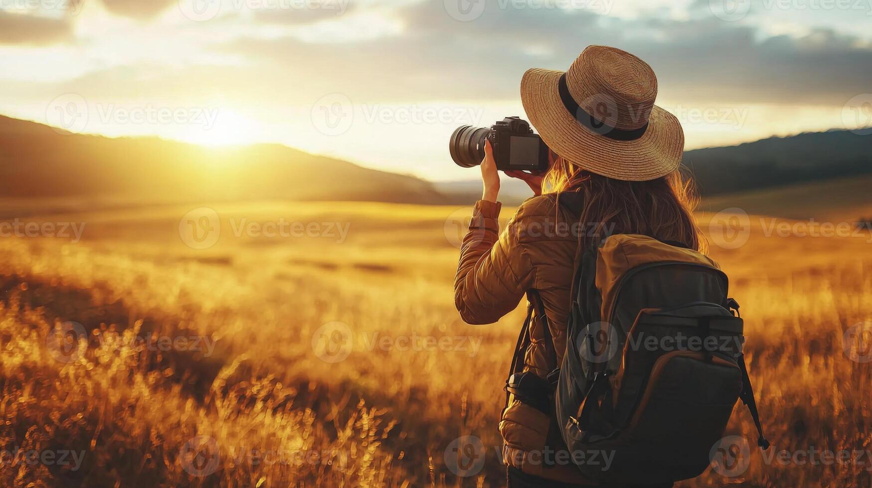 Traveler documenting their adventures with camera. Tourist exploring their travels in a picturesque photo