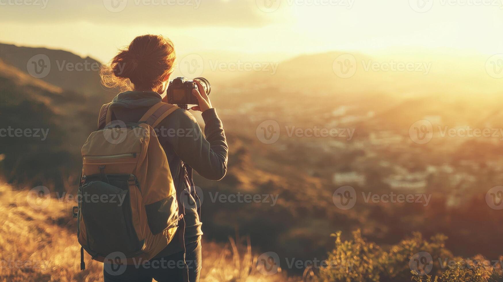 Traveler documenting their adventures with camera. Tourist exploring their travels in a picturesque photo