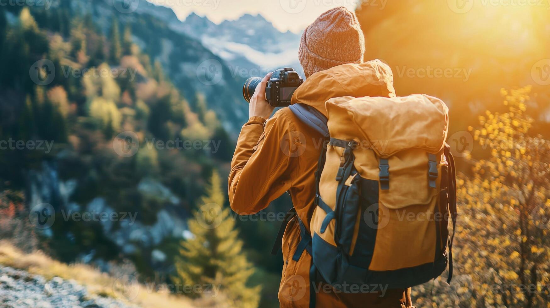 Traveler documenting their adventures with camera. Tourist exploring their travels in a picturesque photo