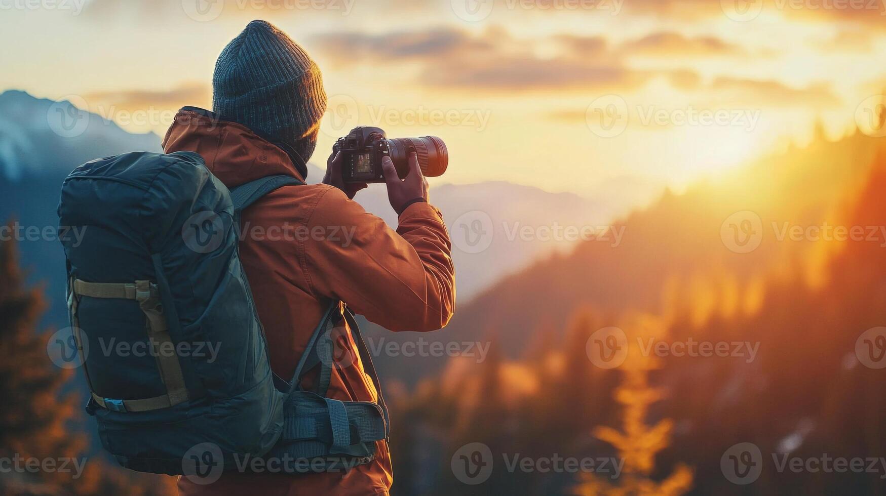 Traveler documenting their adventures with camera. Tourist exploring their travels in a picturesque photo