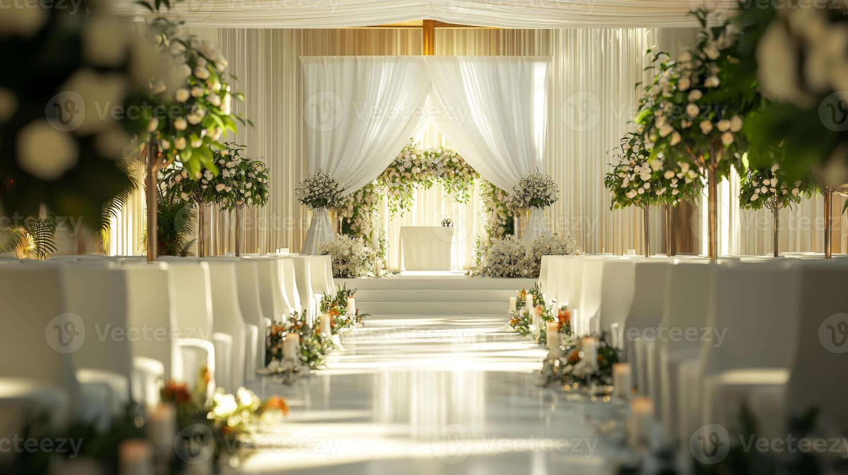 Elegant wedding ceremony with beautiful setups for wedding or party banquet. Celebration newlyweds photo