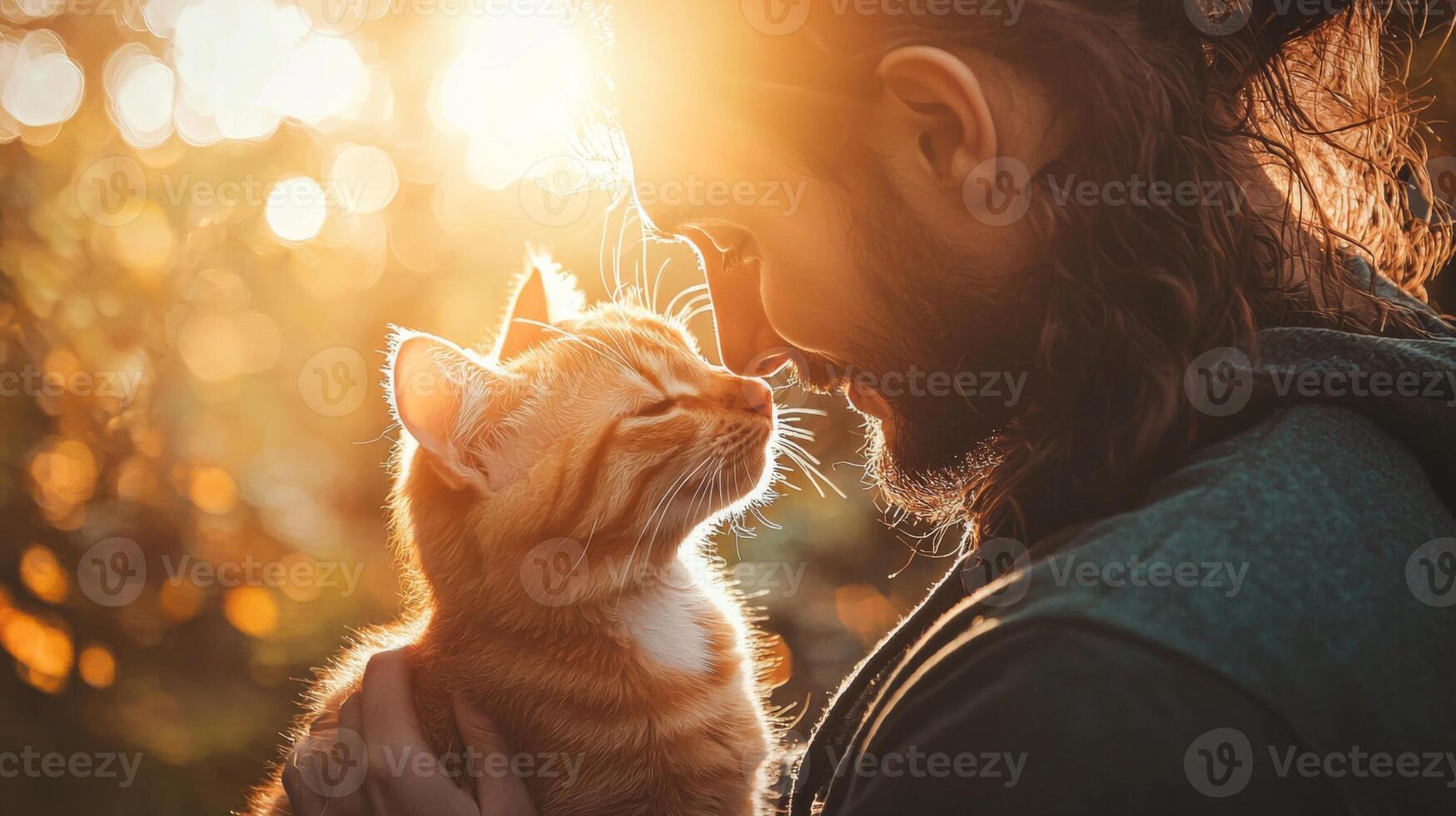 Pet owner with adorable animal in natural settings. Man holding cat in hands photo