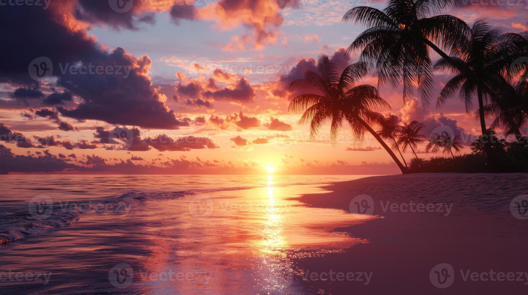 Stunning sunset over a calm beach scene. Warm golden light, relaxation photo