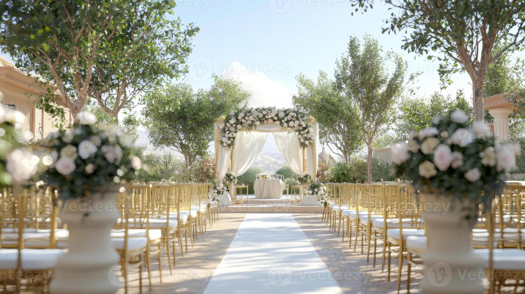Elegant wedding ceremony with beautiful setups for wedding or party banquet. Celebration newlyweds photo