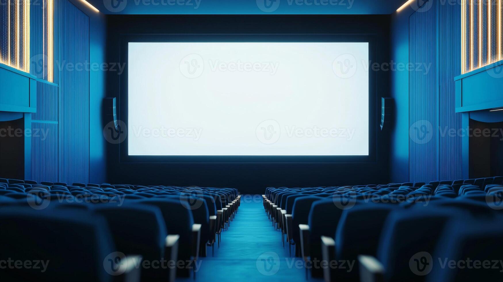 Empty cinema auditorium in blue color with white blank screen. Mockup of hall photo