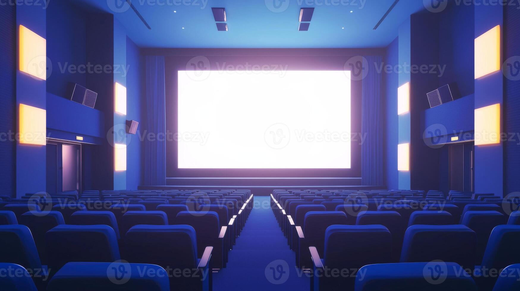 Empty cinema auditorium in blue color with white blank screen. Mockup of hall photo