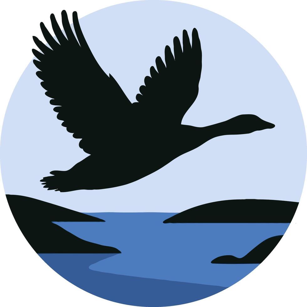 A black goose flying over a lake vector
