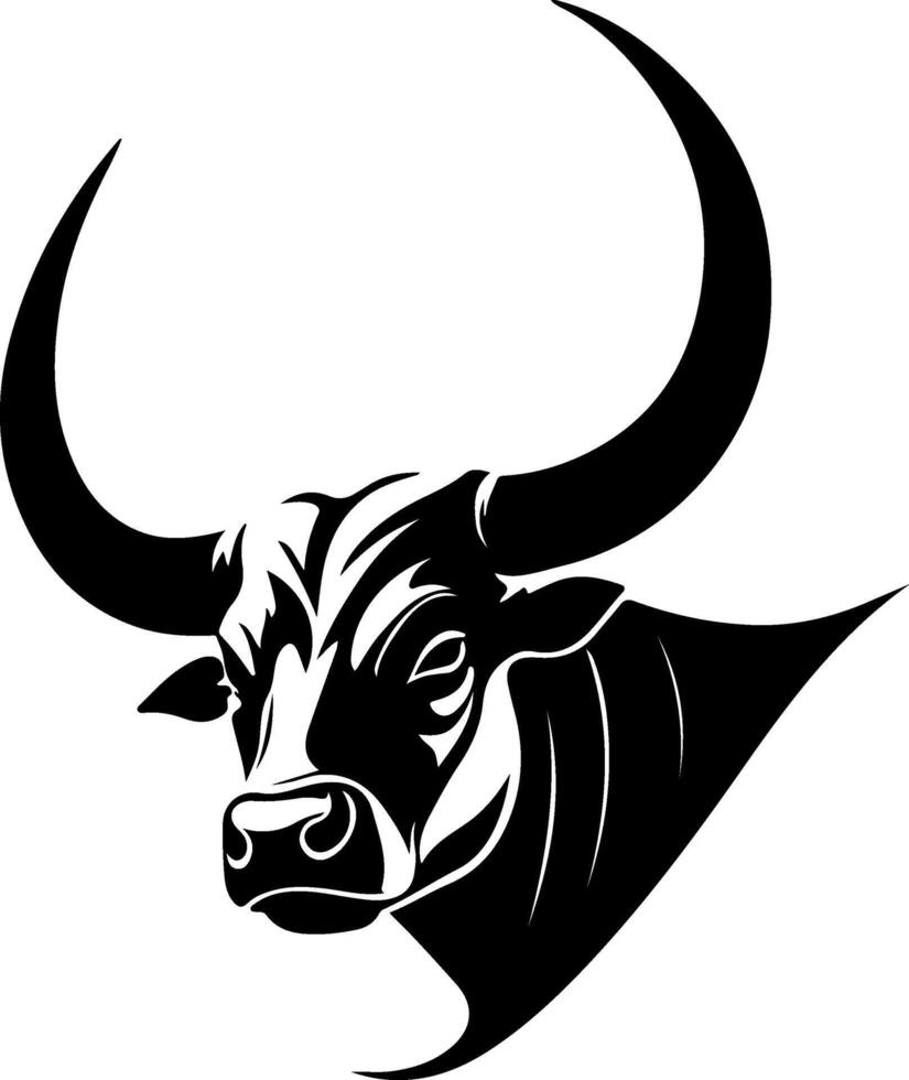 The head of a bull is shown in black and white vector