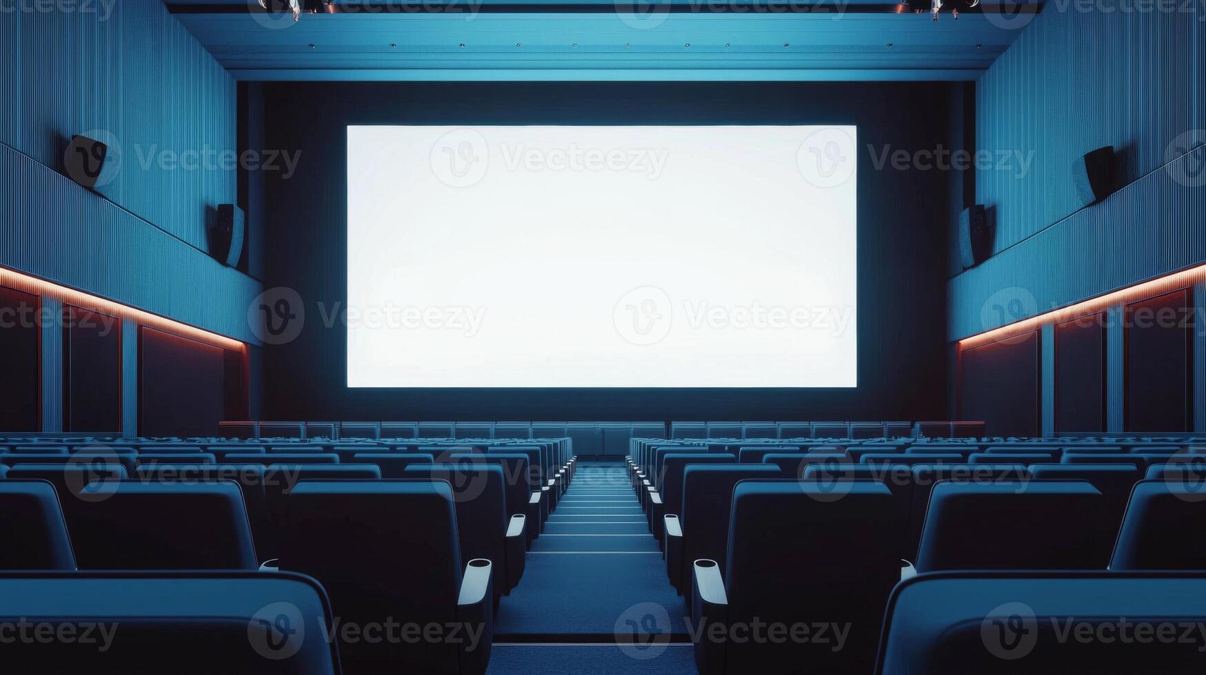 Empty cinema auditorium in blue color with white blank screen. Mockup of hall photo