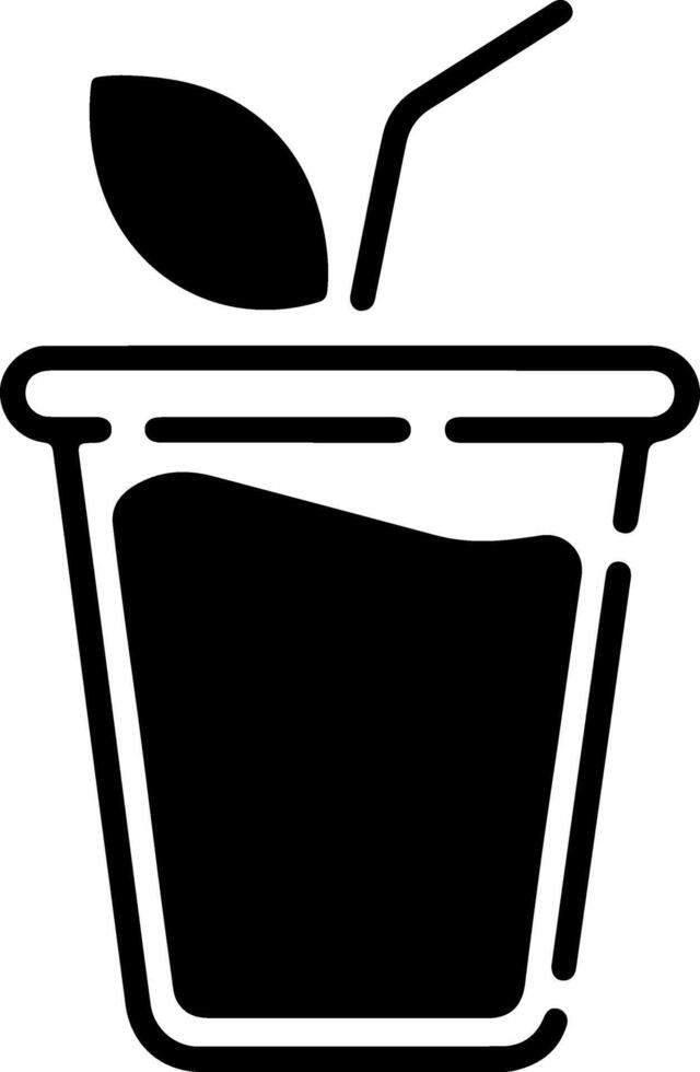 A black and white icon of a cup with a straw and a leaf vector